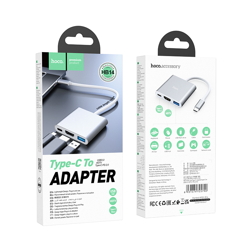 Hoco 3in1 USB-C adapter to (USB 3.0 + HDTV + USB-C-PD) HB14 - Silver